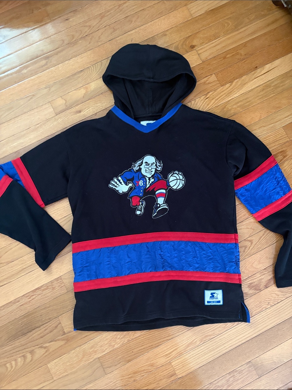 STARTER Black Blue Red Philadelphia 76ers Pullover Hoodie